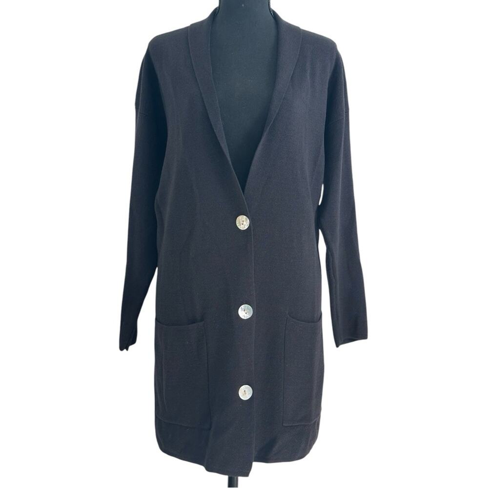 VTG 90s Merino Wool Longline Cardigan Black size S Mother of Pearl Button-up